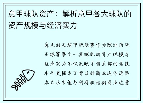 意甲球队资产：解析意甲各大球队的资产规模与经济实力