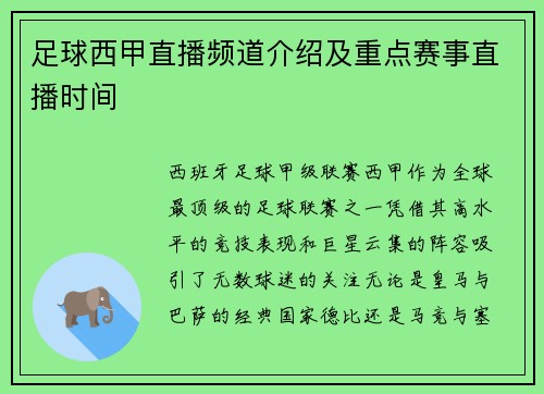 足球西甲直播频道介绍及重点赛事直播时间
